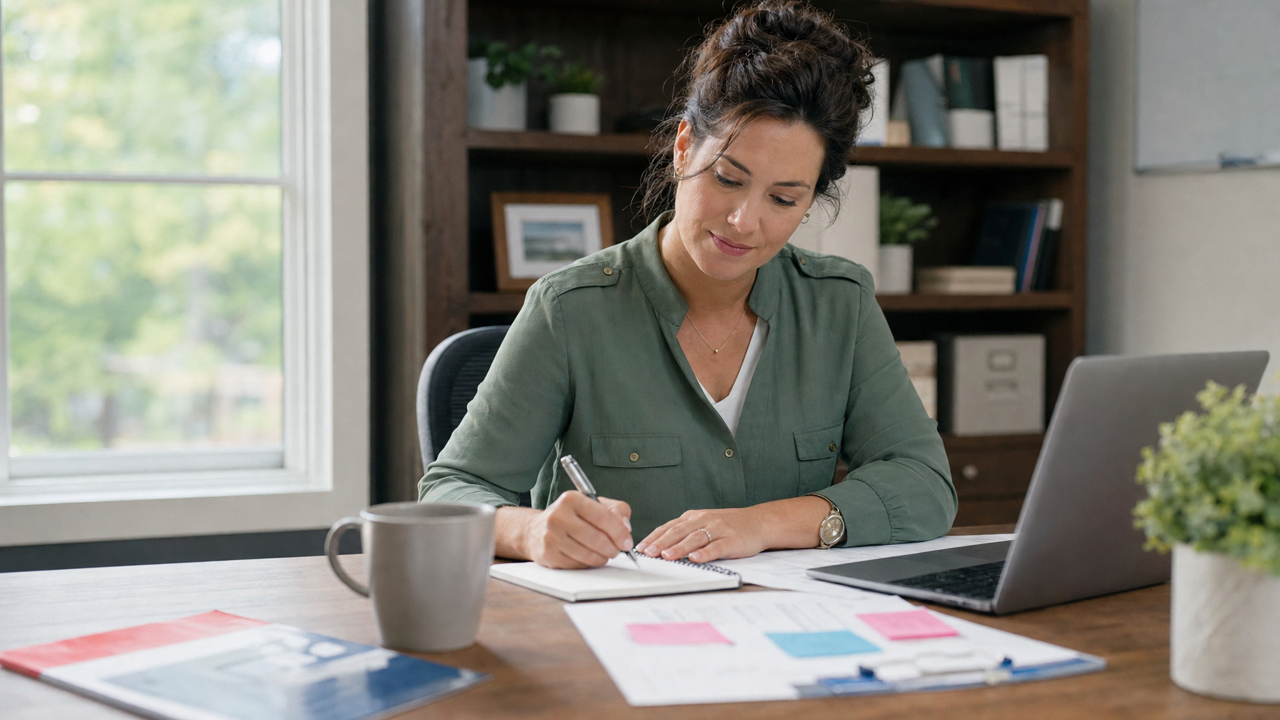 A person writes in a notebook at a desk beside an open laptop, papers with colorful sticky notes, and a coffee mug in a home-office setting.