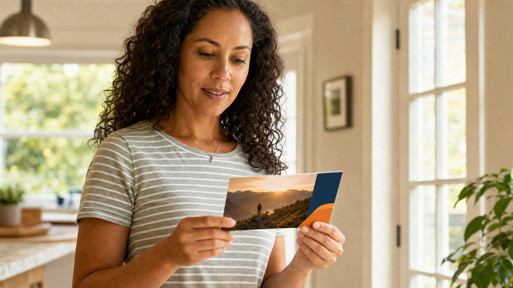 A person examines a postcard featuring a mountain landscape in a bright home interior.