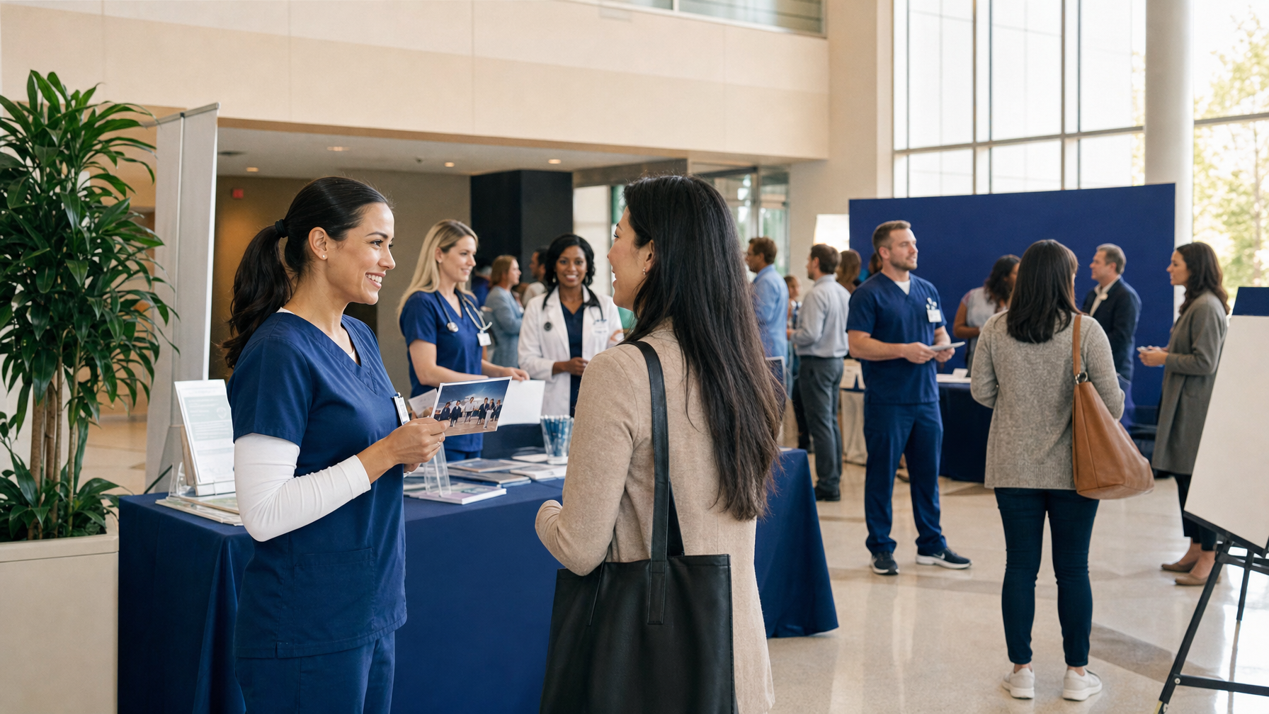 A healthcare worker hands a postcard to an attendee at a busy recruiting event in a bright lobby.