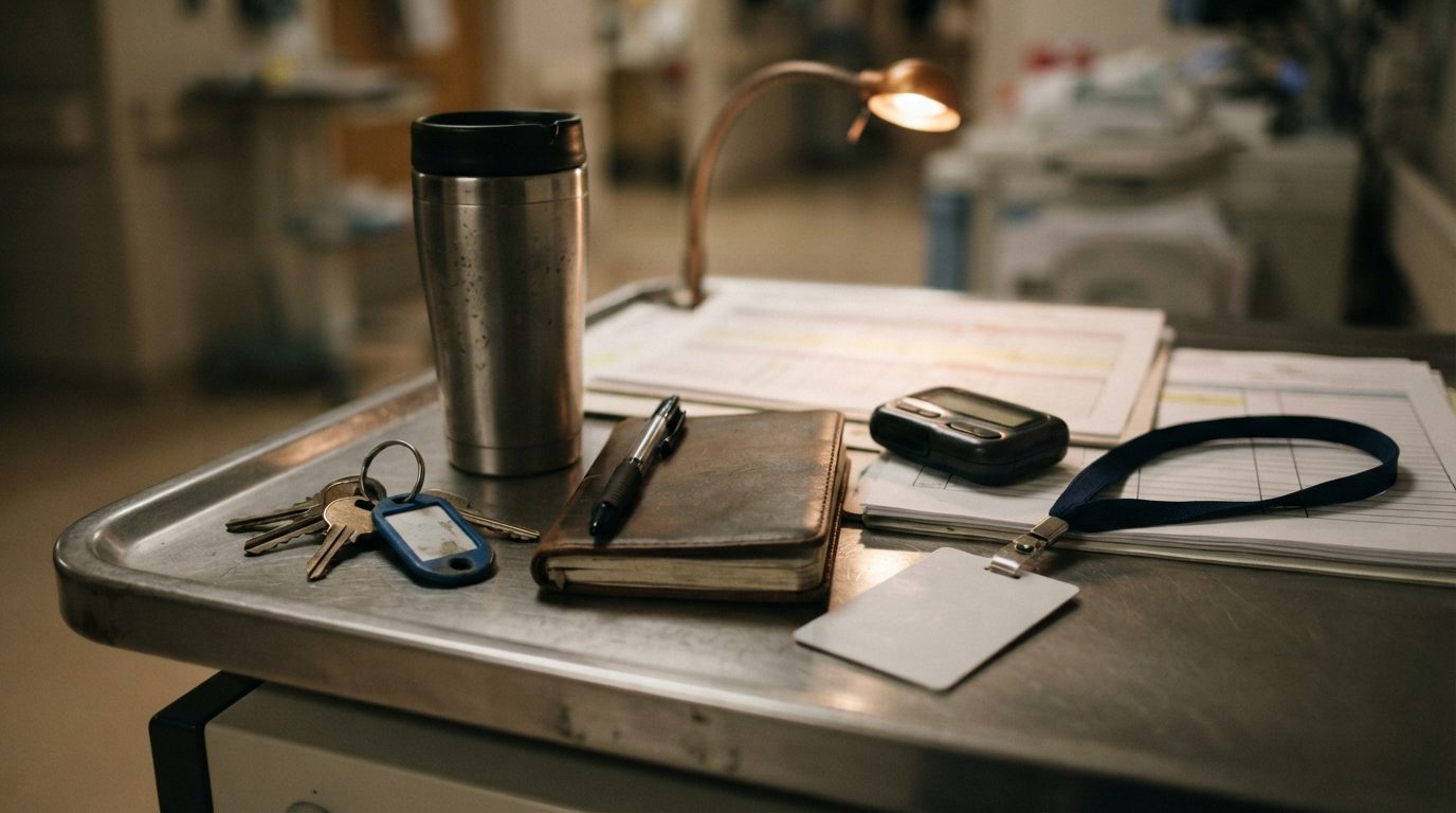 A metal clinical cart holds a travel mug, keys, pen, notebook, pager, papers, and an ID badge beneath a small lamp.