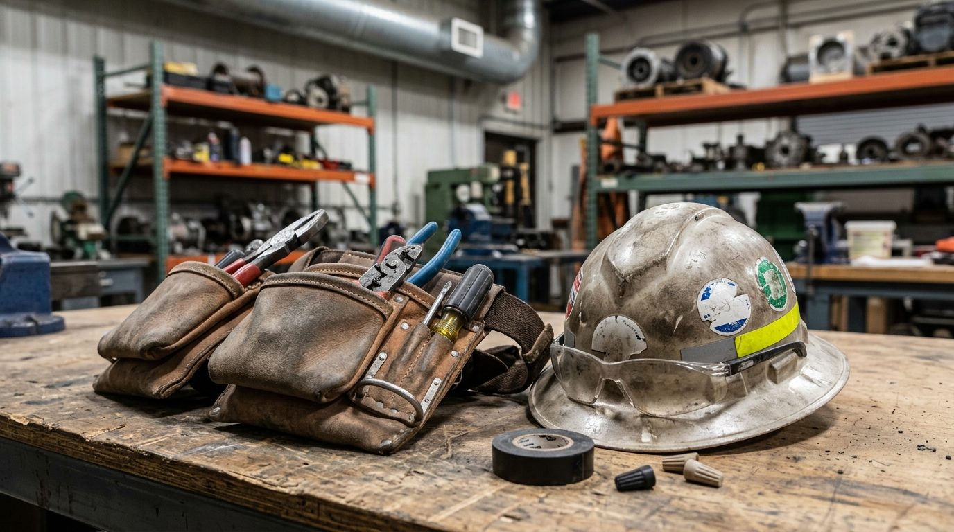 A worn tool belt, hand tools, and a safety helmet rest on a workbench in an industrial workshop.