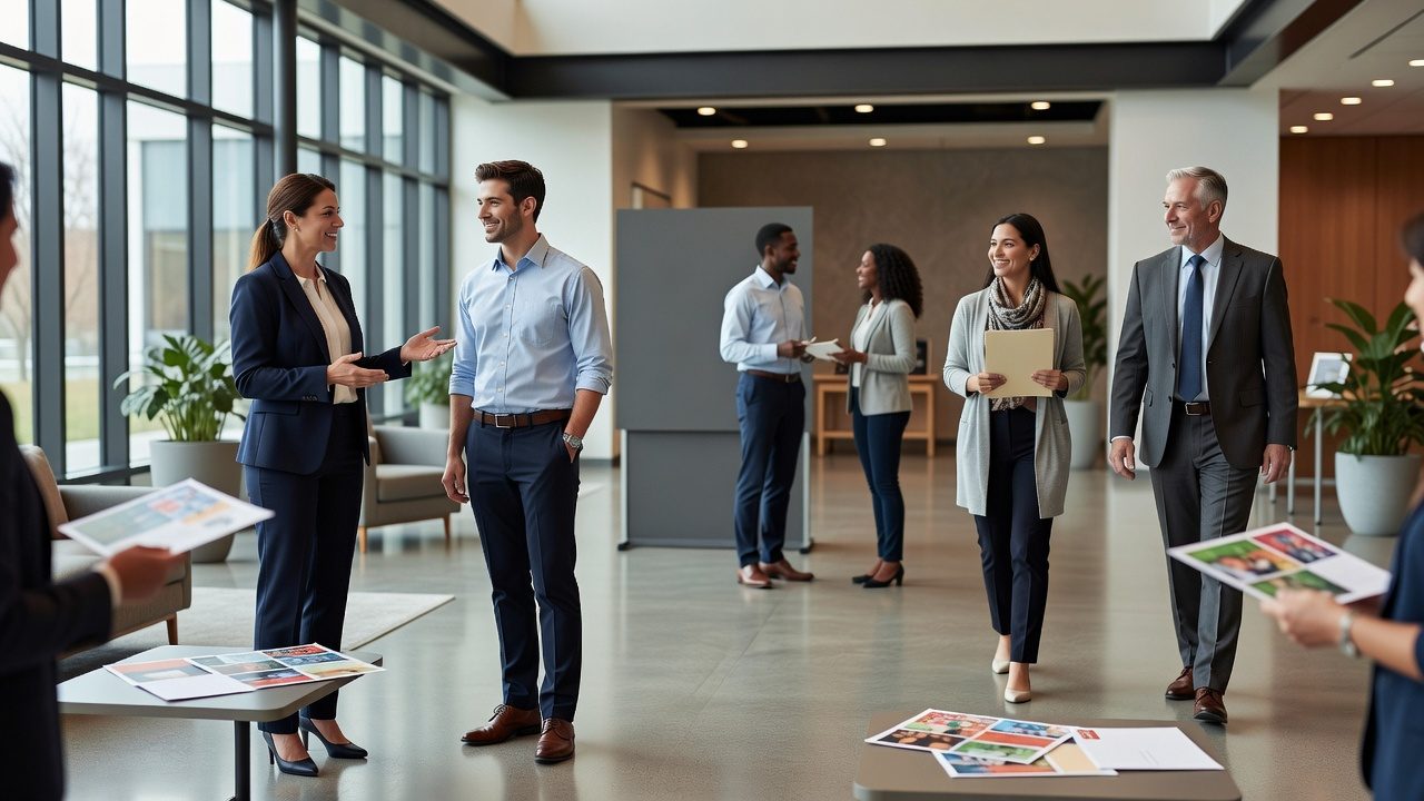 Professionally dressed people converse and hold printed materials in a bright, modern lobby.