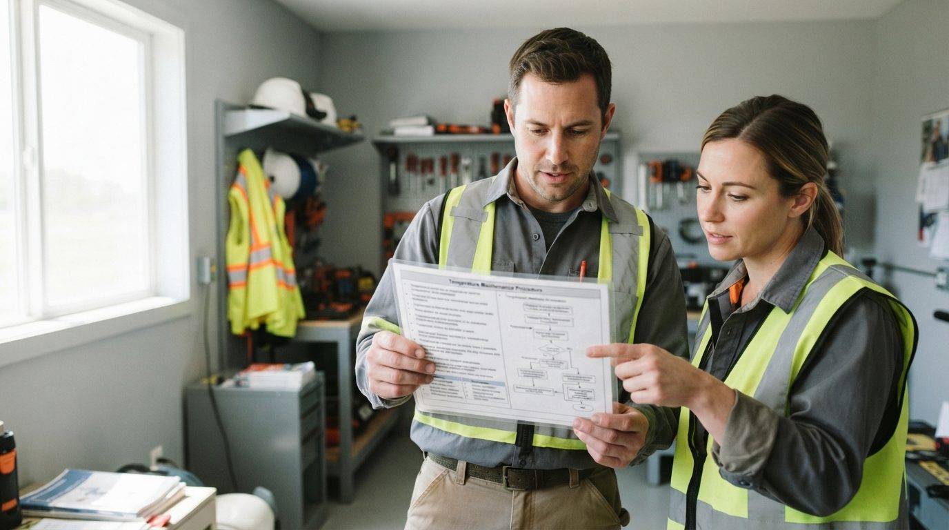 Two workers in high visibility vests review a printed document in a bright workshop lined with tools and safety clothing.
