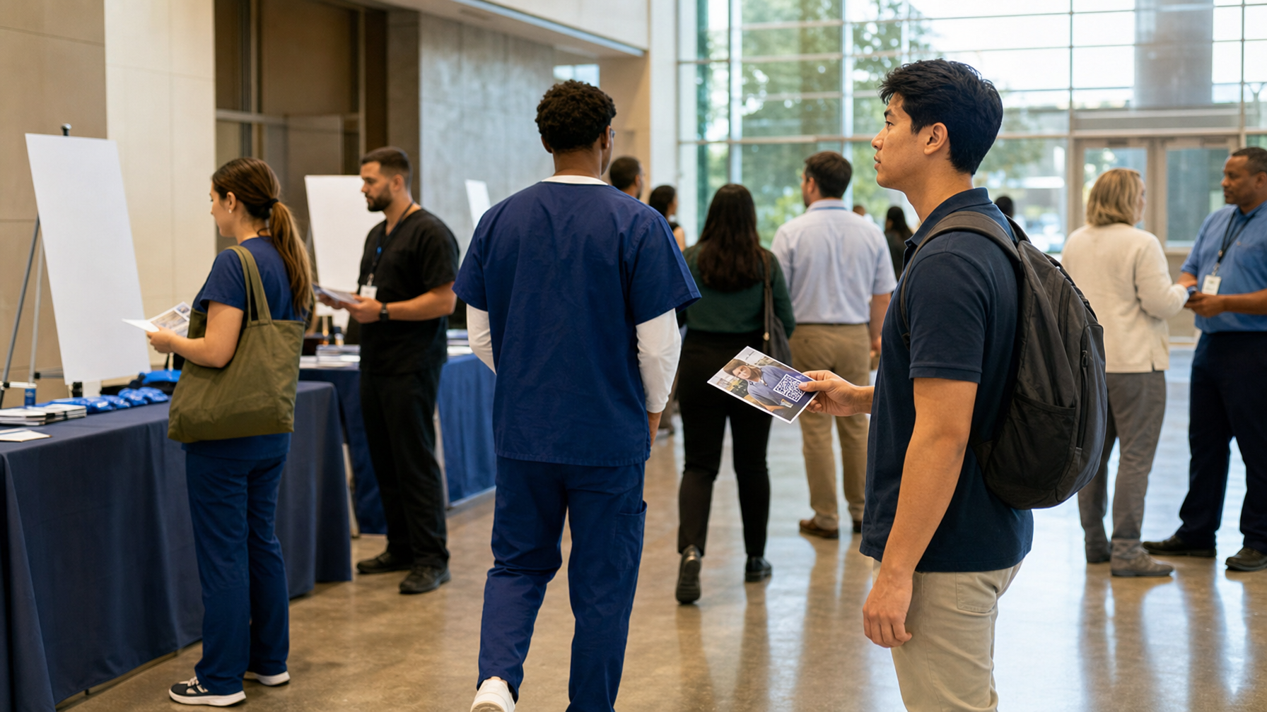 Attendees browse information tables in a bright lobby while a person with a backpack holds a brochure featuring a QR code.