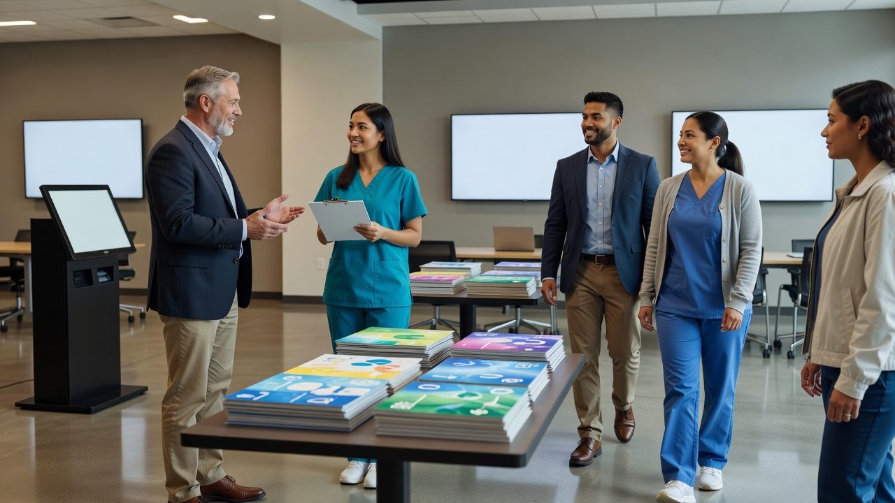 People in medical scrubs and business clothing gather around tables of colorful printed materials in a bright institutional lobby; one person holds a clipboard.