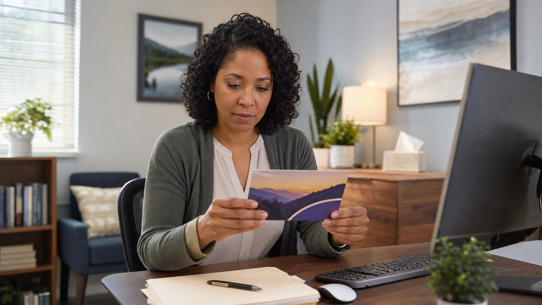 A woman reads a postcard at a desk in a home office, with a computer monitor, keyboard, papers, and plants nearby.