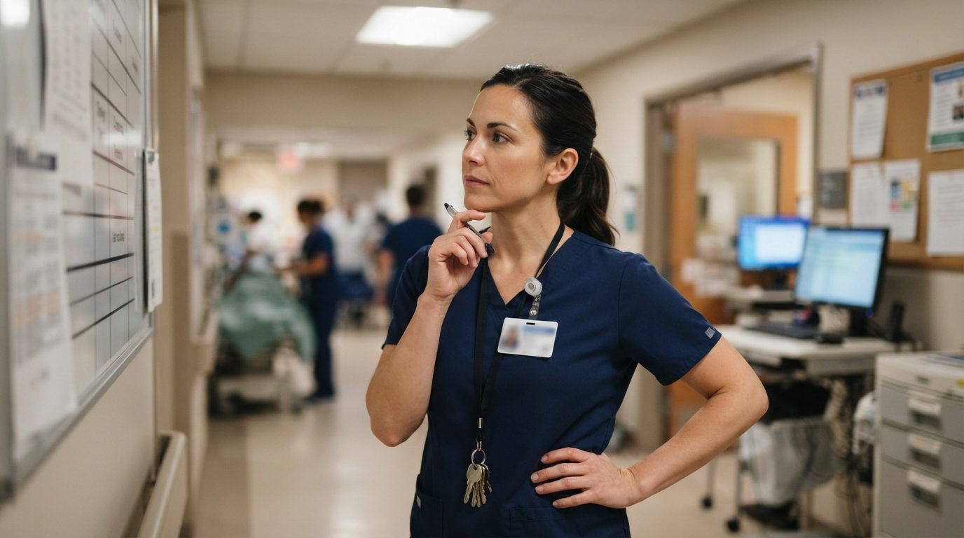 A healthcare worker in navy scrubs studies a wall-mounted board while holding a pen in a hospital corridor beside a workstation.