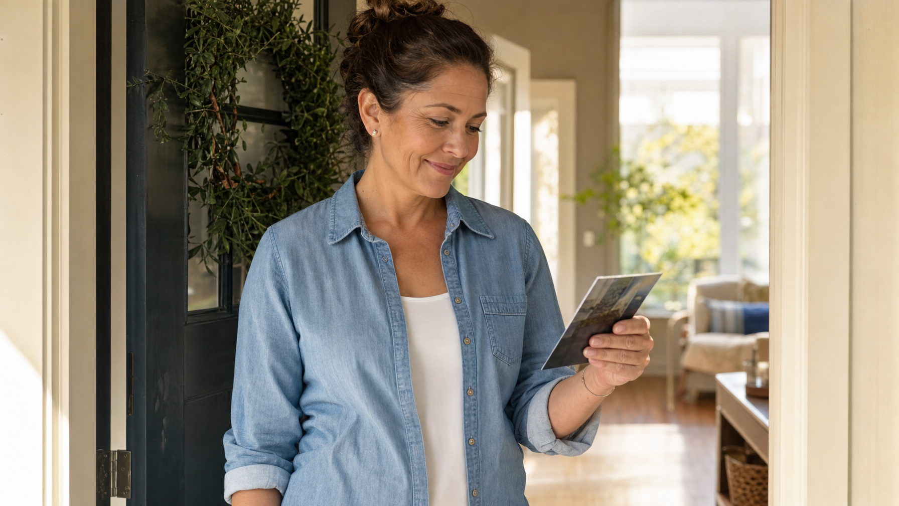 A person stands in a home entryway and reads a postcard.