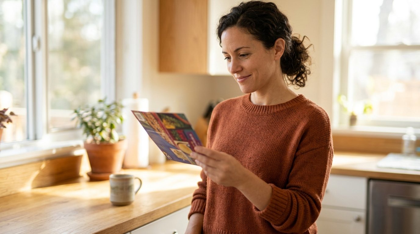 A person reads a colorful printed leaflet while standing in a bright home kitchen beside a wooden counter.