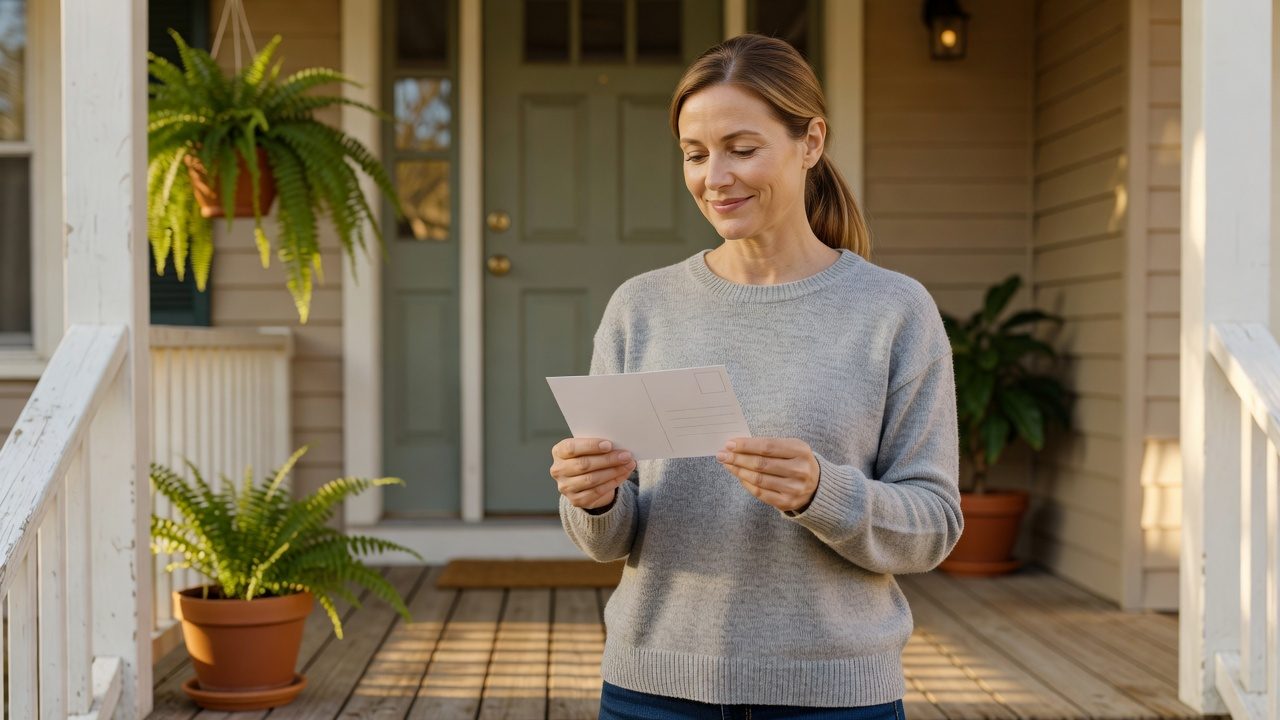 A person looks at a blank postcard while standing on a sunlit residential porch.