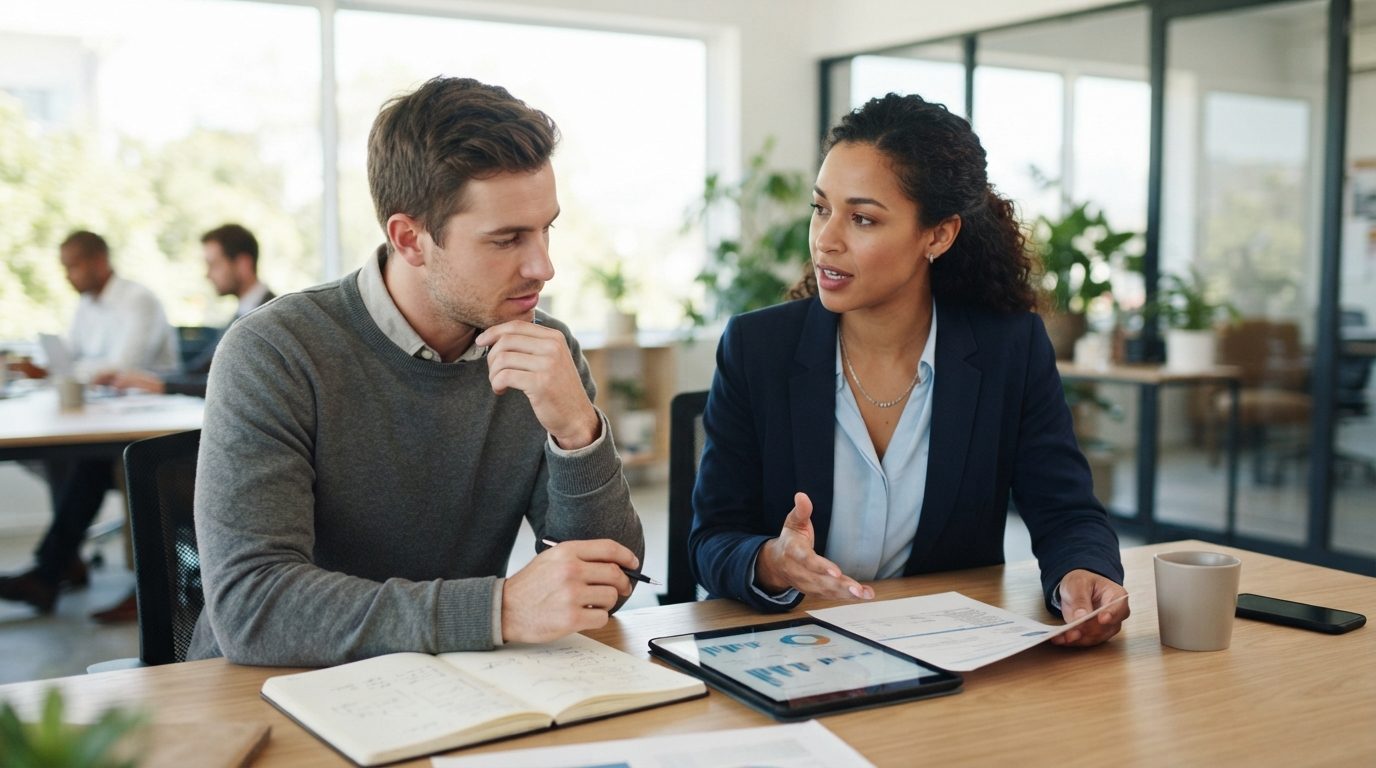 Two people discuss charts and papers at a table in a bright, open office.