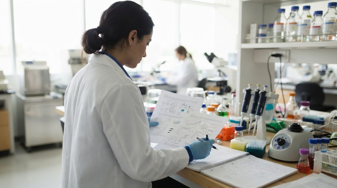 A lab worker in a white coat and gloves reviews printed papers and writes at a laboratory bench lined with pipettes, samples, and equipment.