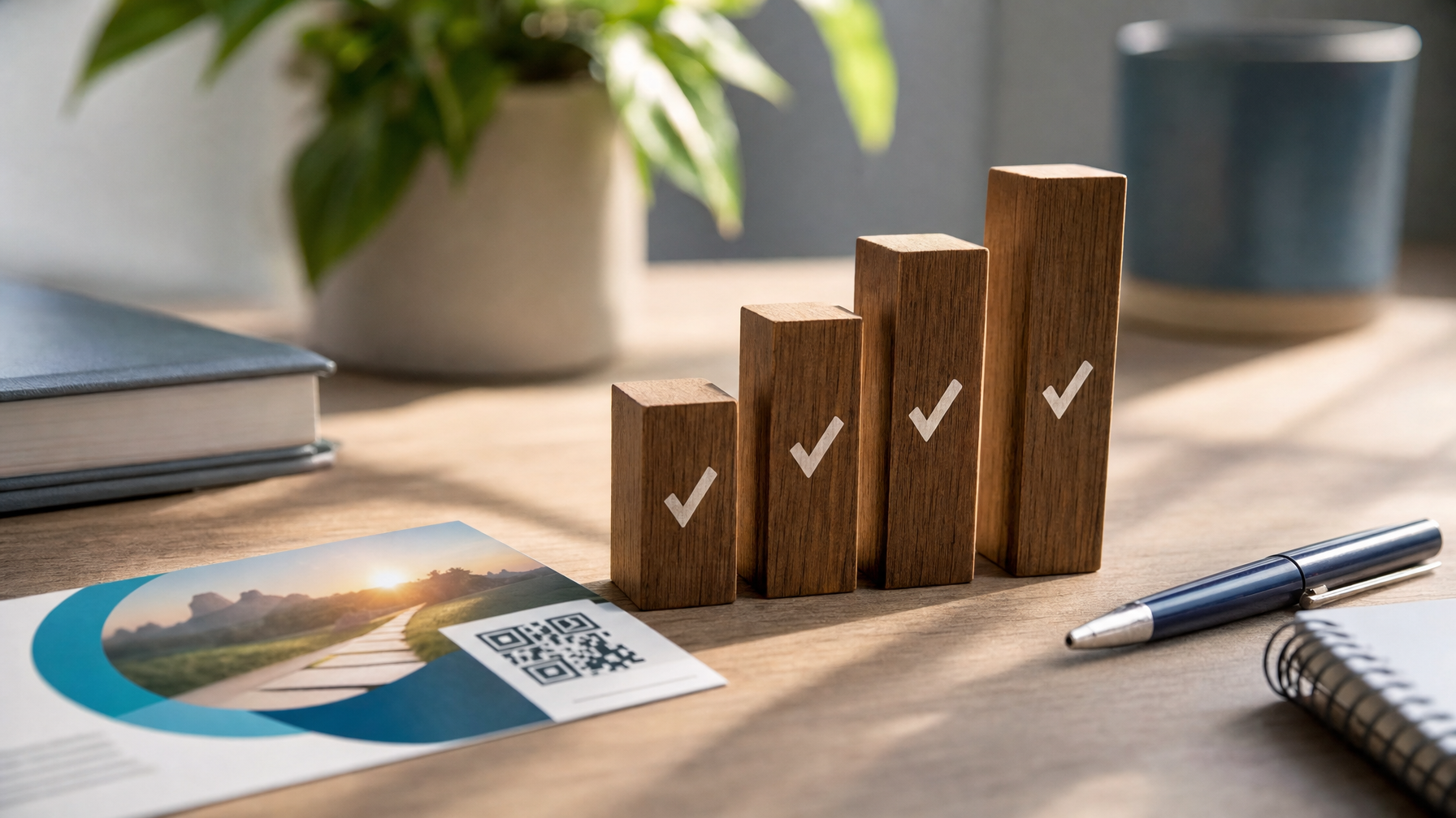Four ascending wooden blocks marked with checkmarks sit on a desk beside a card with a QR code, a pen, a notebook, and potted plants.