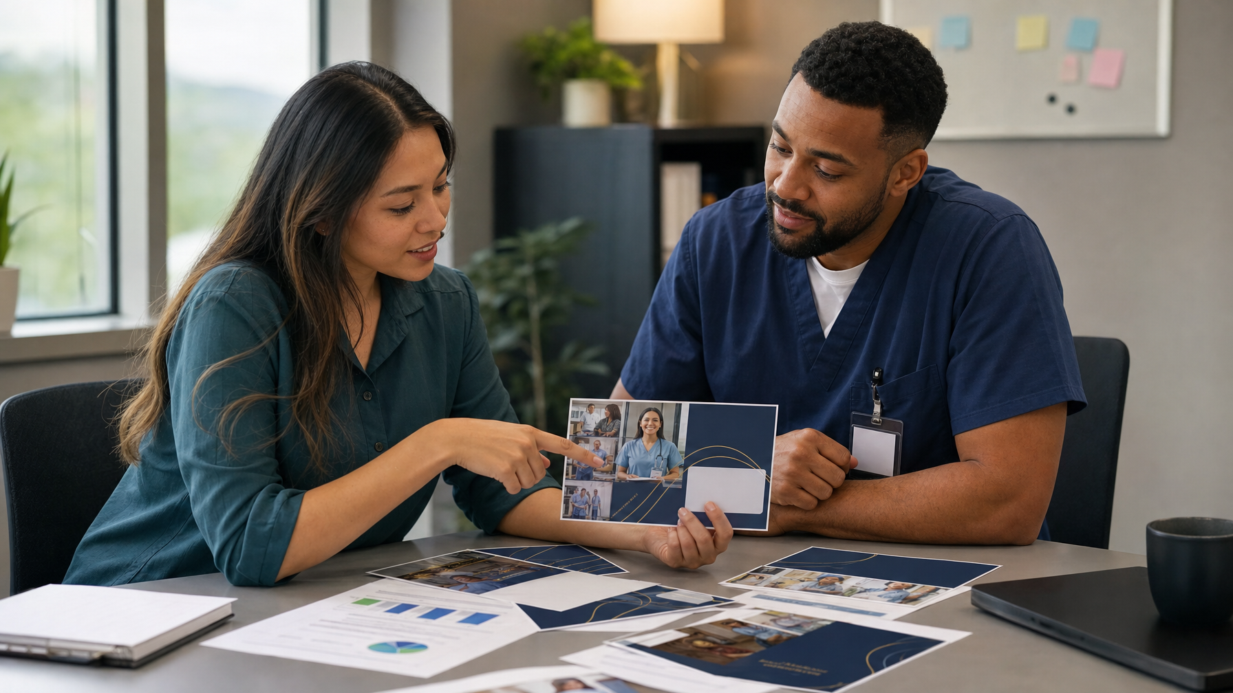 A person in navy scrubs and an identification badge discusses printed layouts with a colleague at an office table.