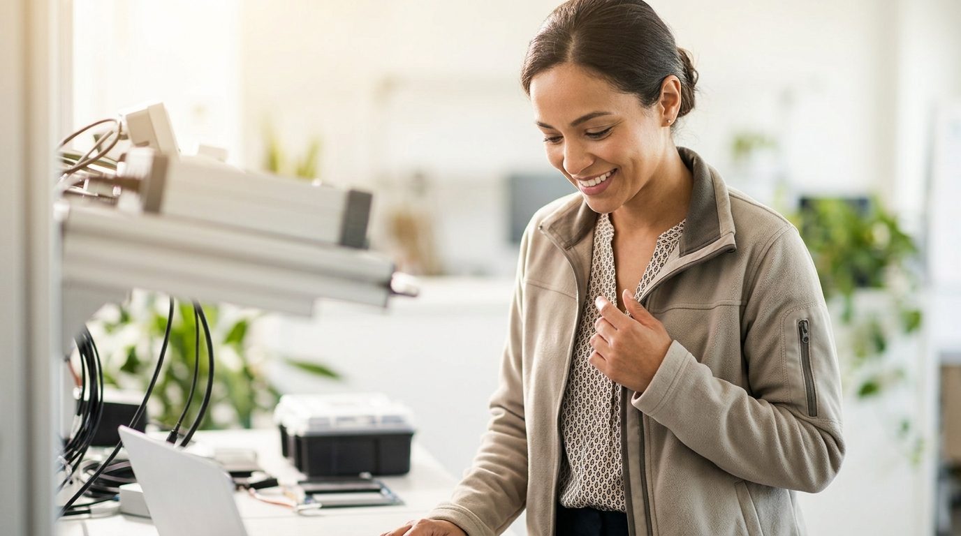 A woman smiles beside a large machine and an open laptop in a bright, plant-filled workspace.