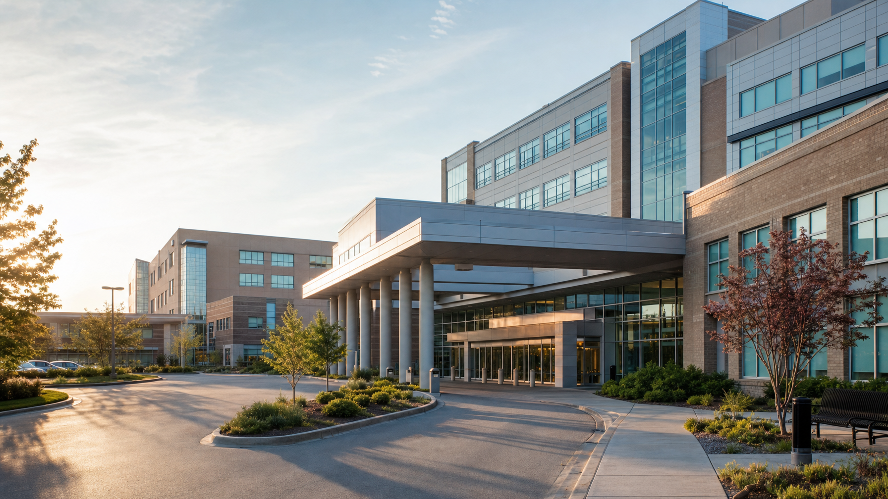 A large modern institutional building with glass-fronted entrances, a covered drop-off area, landscaped grounds, and a driveway in warm evening light.
