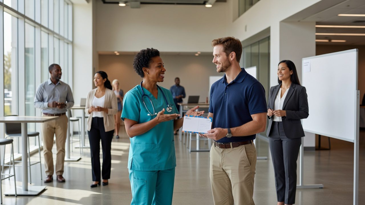 A healthcare worker in scrubs and a stethoscope talks with a man holding a small card in a bright lobby, while other adults stand near a whiteboard.