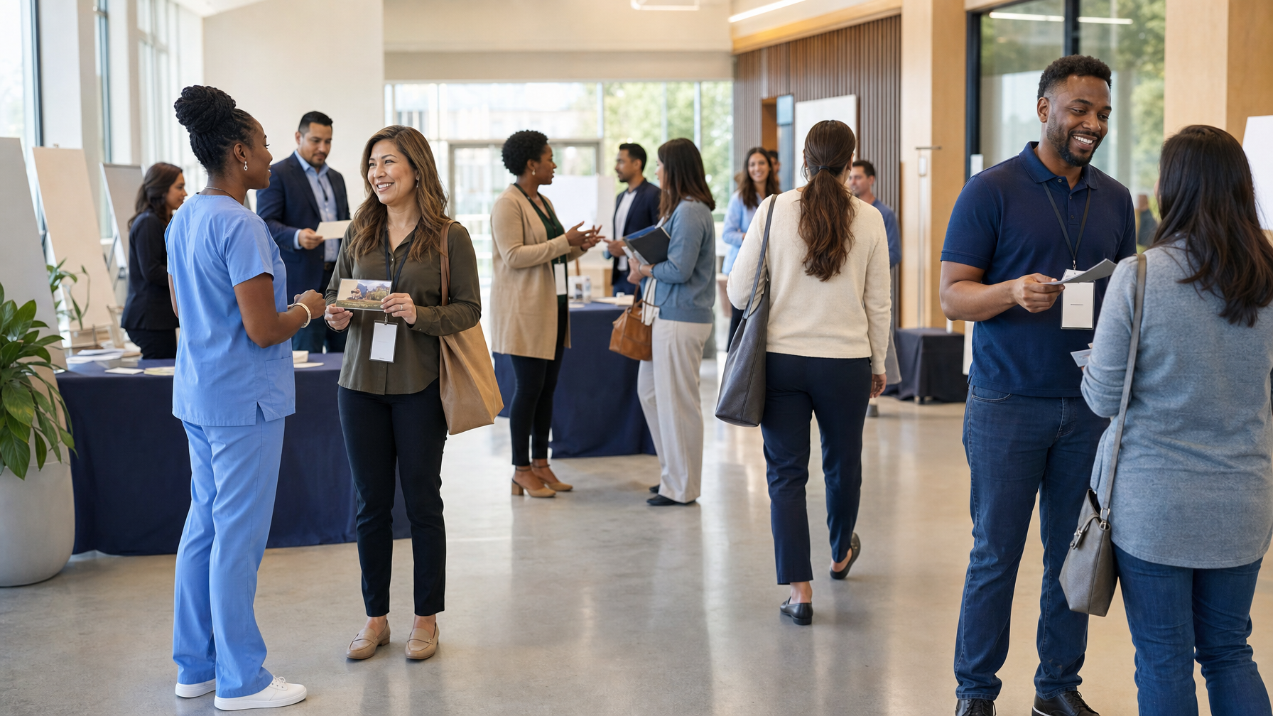 People in business attire and medical scrubs converse and exchange papers at a busy networking event in a bright lobby with tables and display boards.