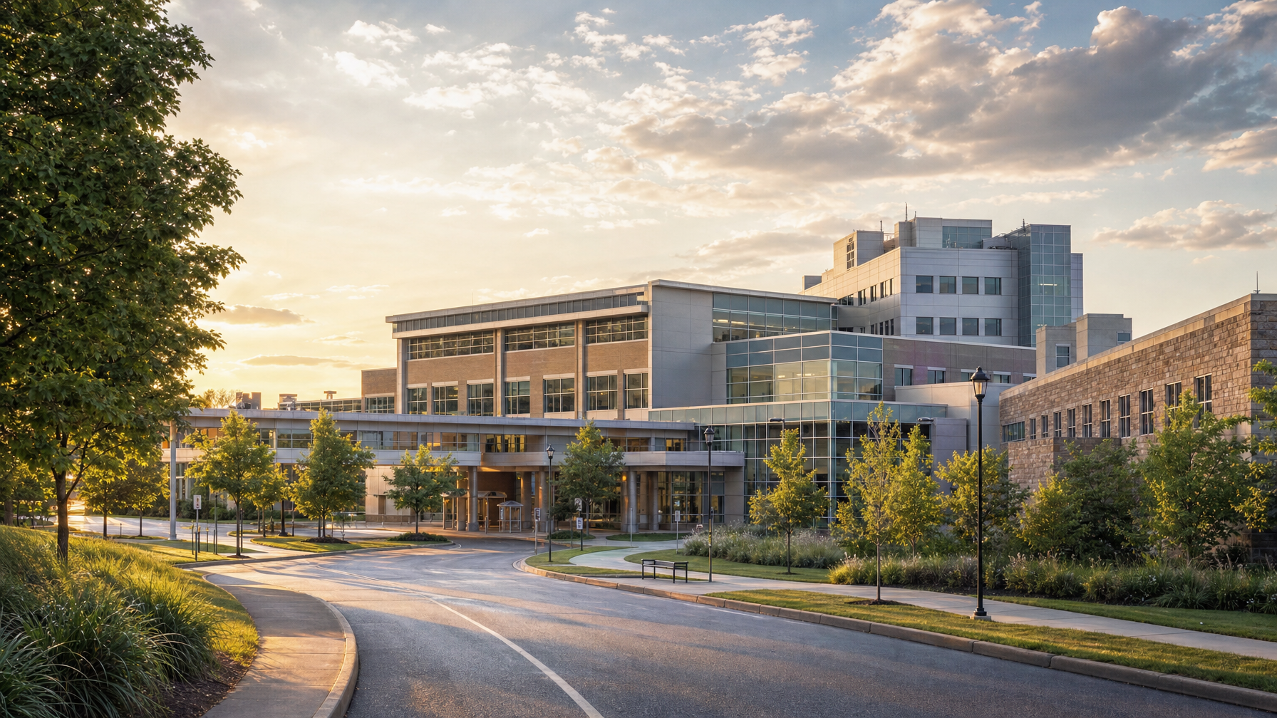 A large modern institutional building stands beside a landscaped drive and sidewalks under a partly cloudy evening sky.