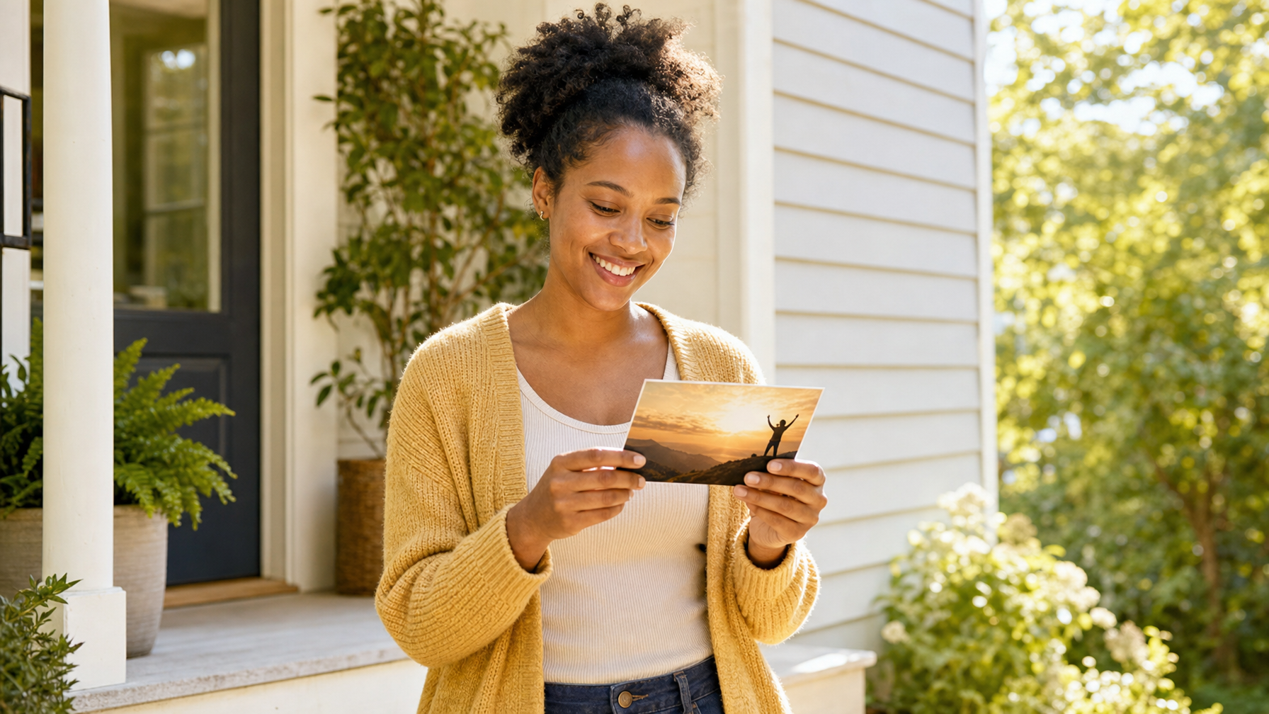 A person smiles while holding a scenic postcard on the porch of a house surrounded by potted plants and trees.