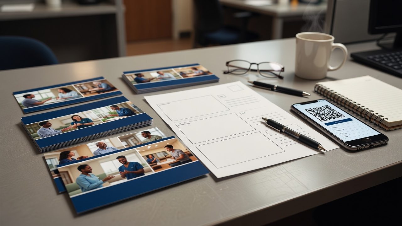 Printed illustrated brochures, a wireframe layout sheet, pens, glasses, coffee, and a smartphone displaying a QR code sit on an office desk.