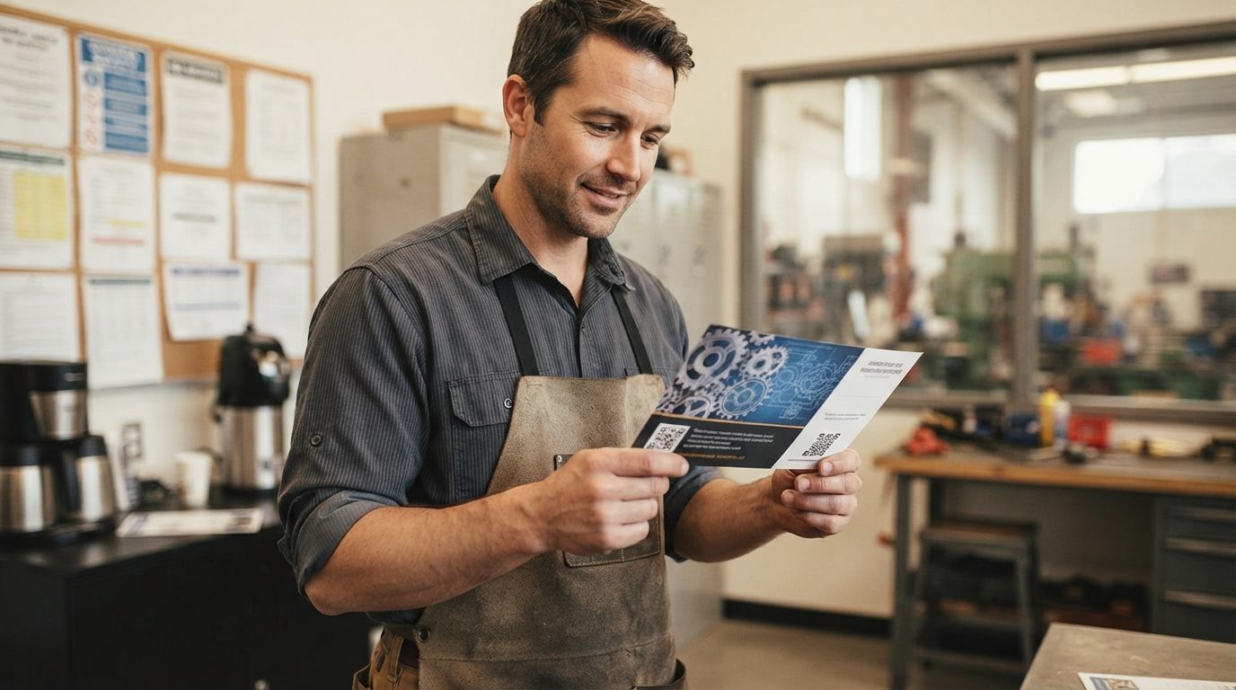 A person wearing an apron reads a printed mailer in a workshop with tools and equipment visible behind them.