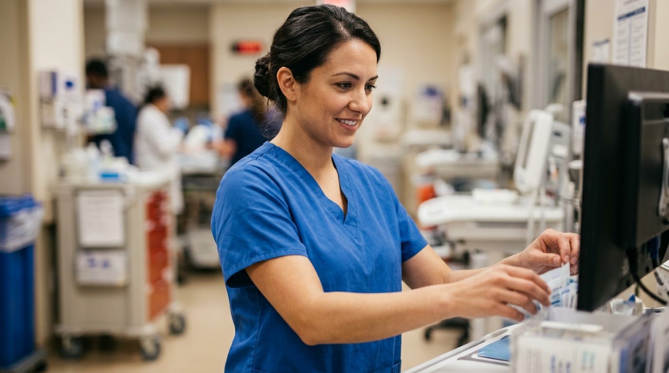 A healthcare worker in blue scrubs handles supplies at a computer workstation in a busy hospital treatment area, with carts, equipment, and other staff in the background.