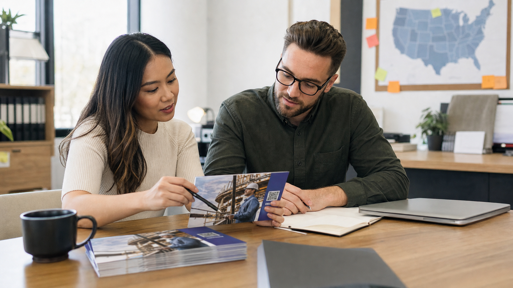 Two people review a brochure featuring a hardhat worker at a desk in a bright office, with a laptop, notebook, coffee mug, and wall map nearby.