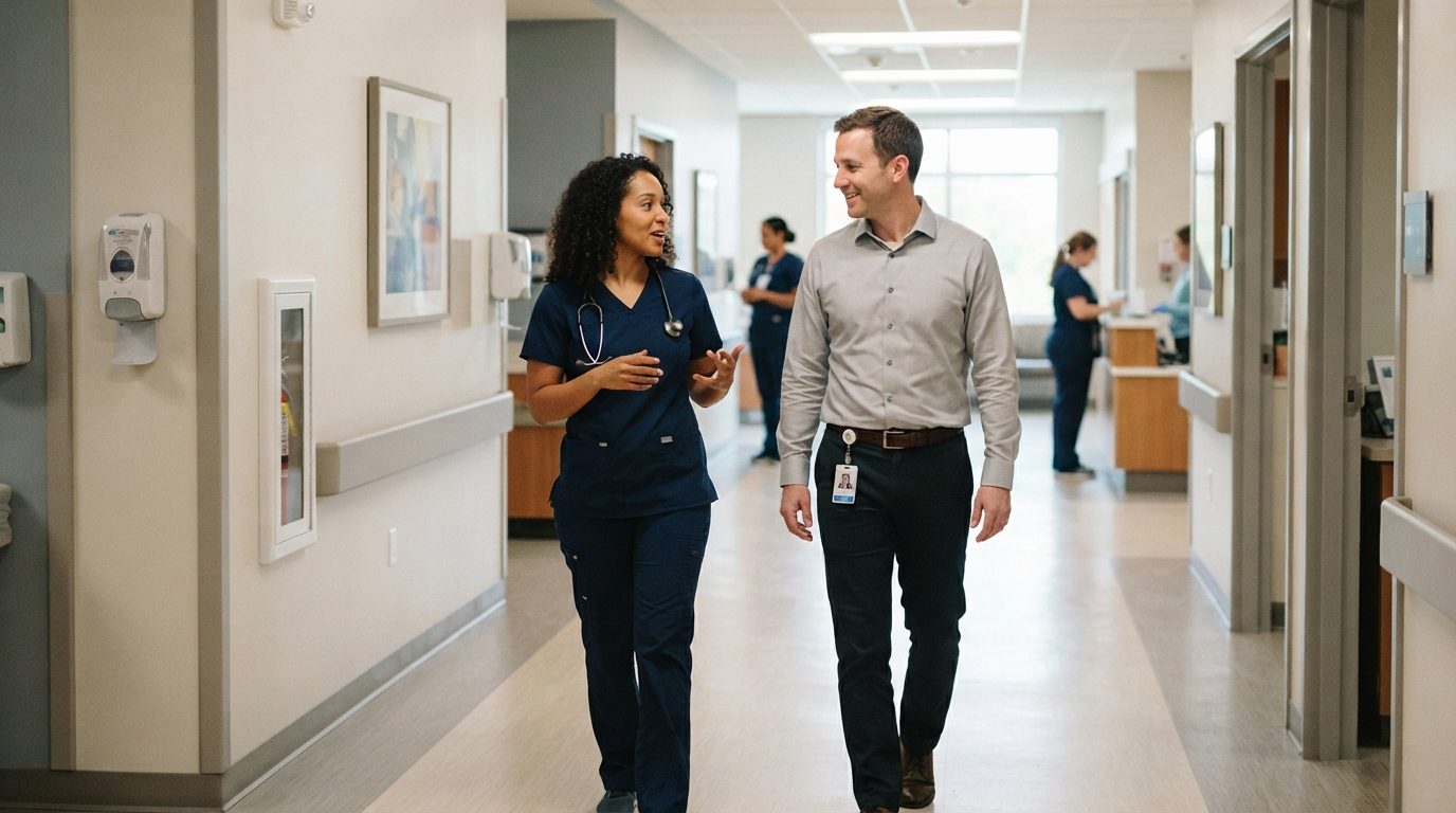 Healthcare workers walk and talk in a bright hospital corridor, with additional staff visible in the background.