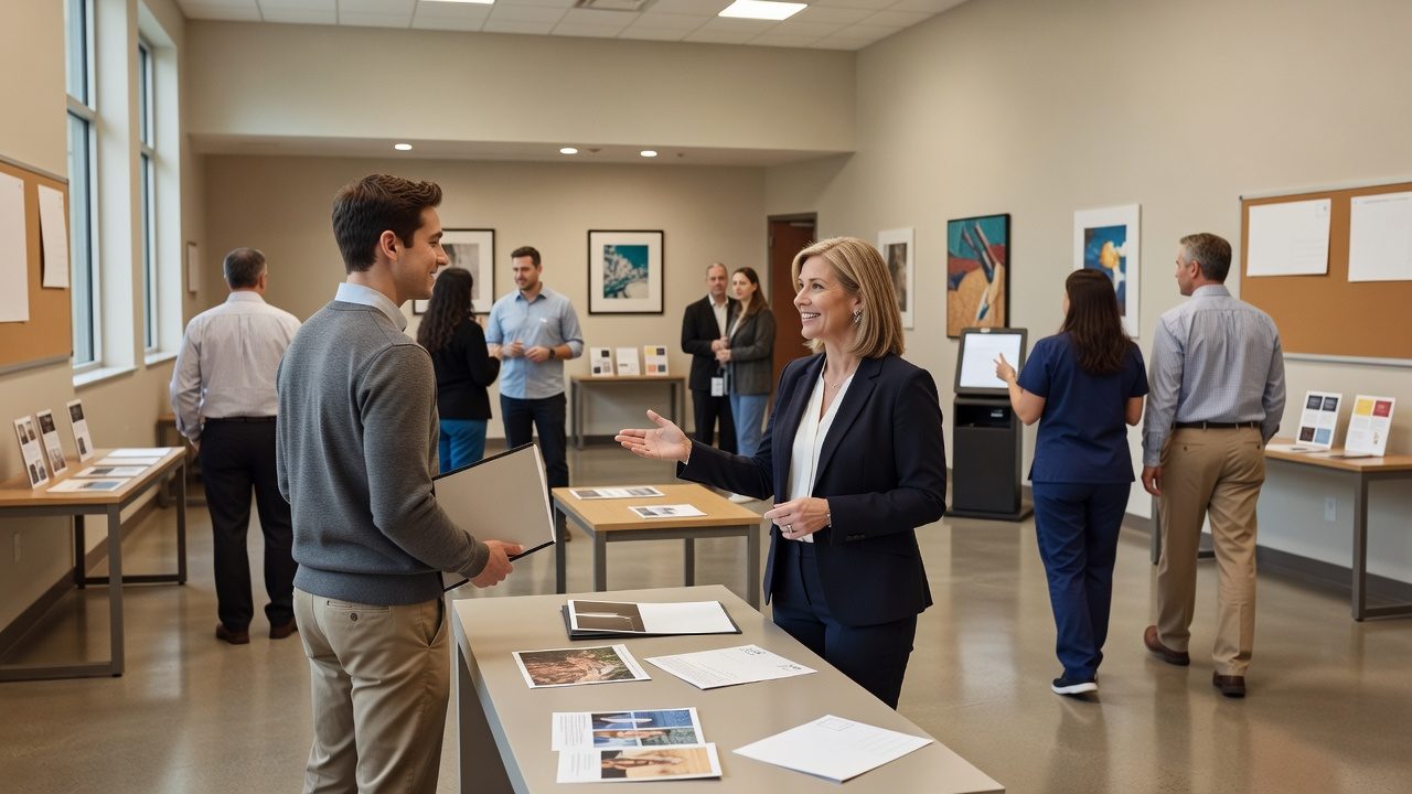 A woman gestures while speaking with a man holding a folder as others browse display tables in an indoor career fair or networking room.