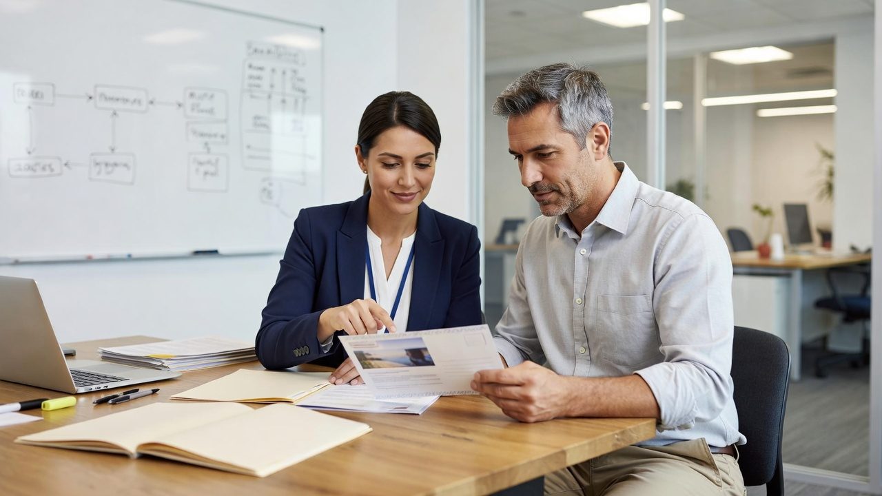 Two people in business attire review a document at a table in an office, with a laptop, paperwork, and a whiteboard behind them.