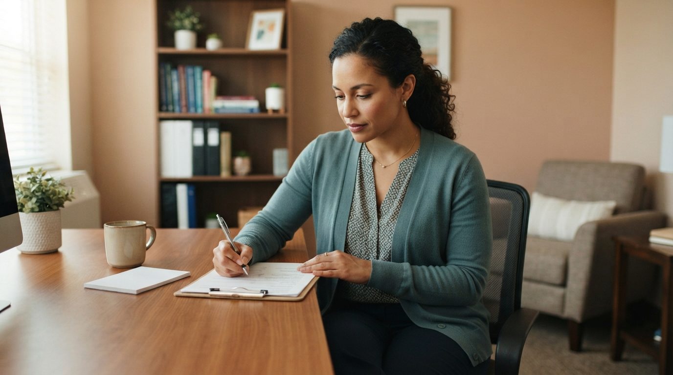 A woman writes on a clipboard at a desk in a home office, with a mug, notebook, bookshelves, and a sofa nearby.
