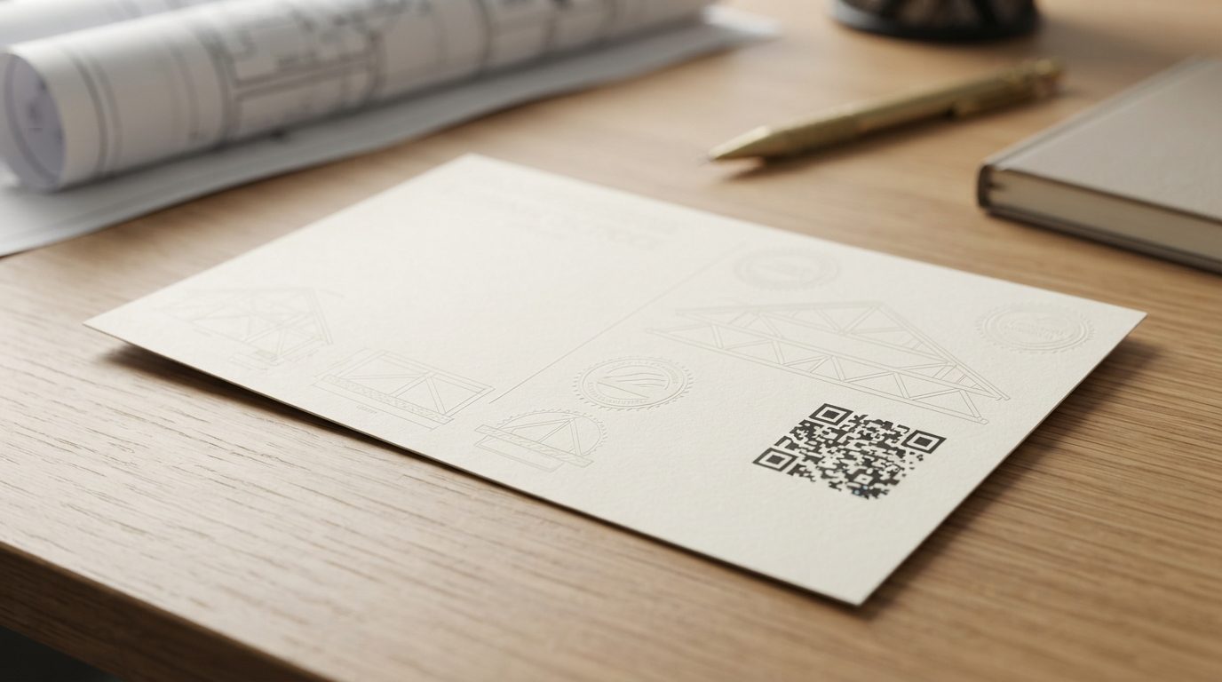 A postcard with a QR code and faint architectural drawings rests on a wooden drafting desk beside rolled plans, a pen, and a notebook.