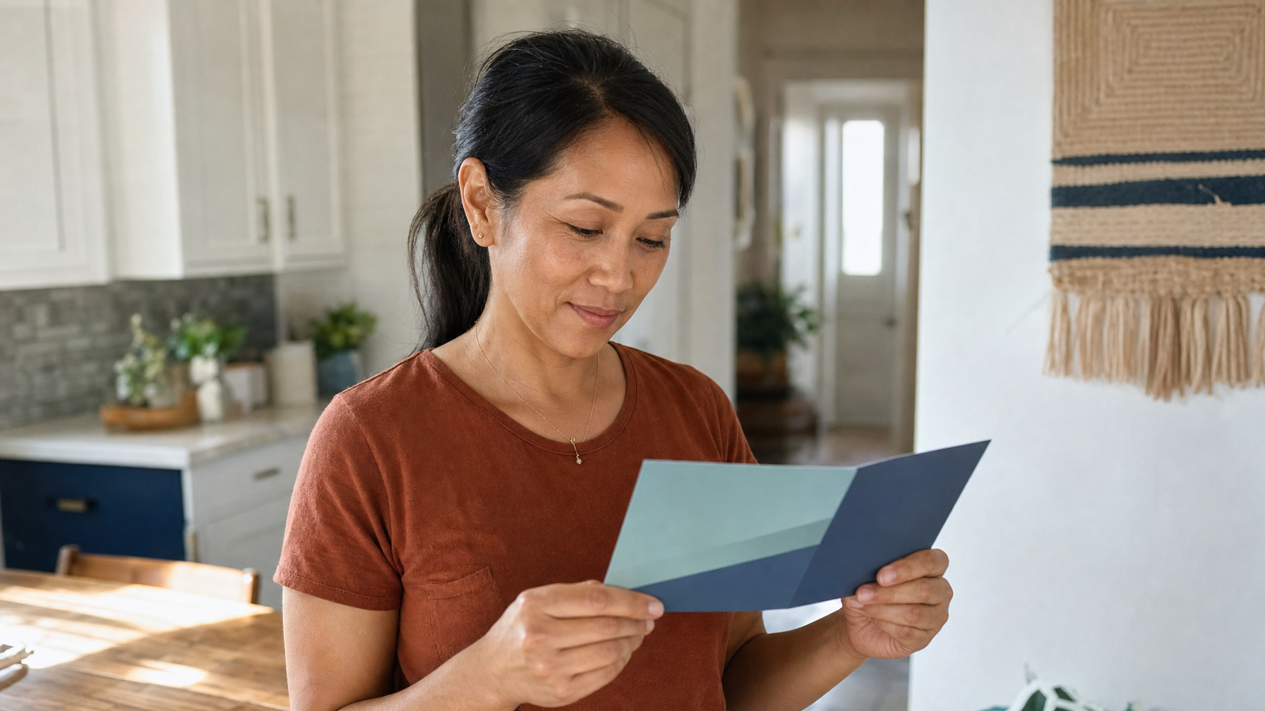 A woman in a home kitchen reads an open blue folder at a table.