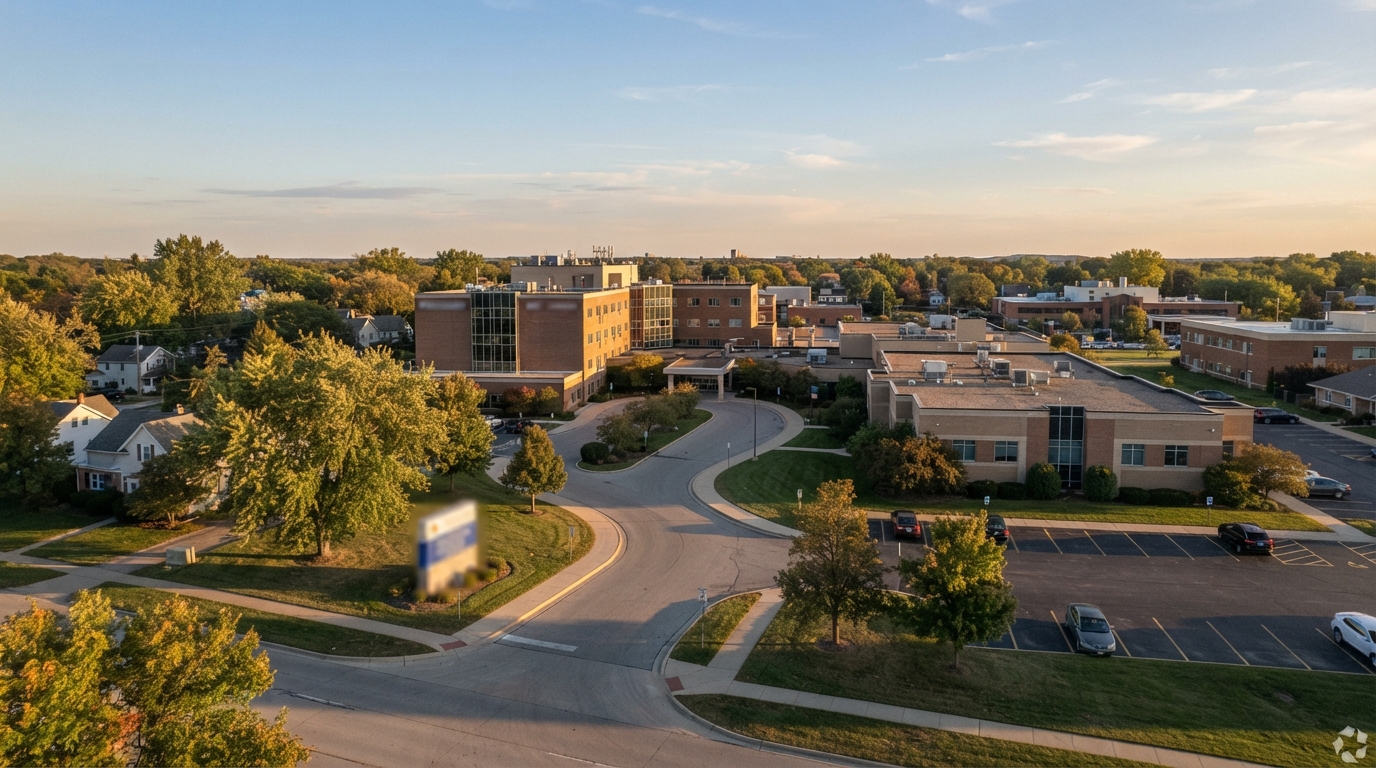 A tree-lined institutional campus with several flat-roofed buildings, curving roads, sidewalks, and parking lots viewed from above; a blurred sign stands near the foreground.
