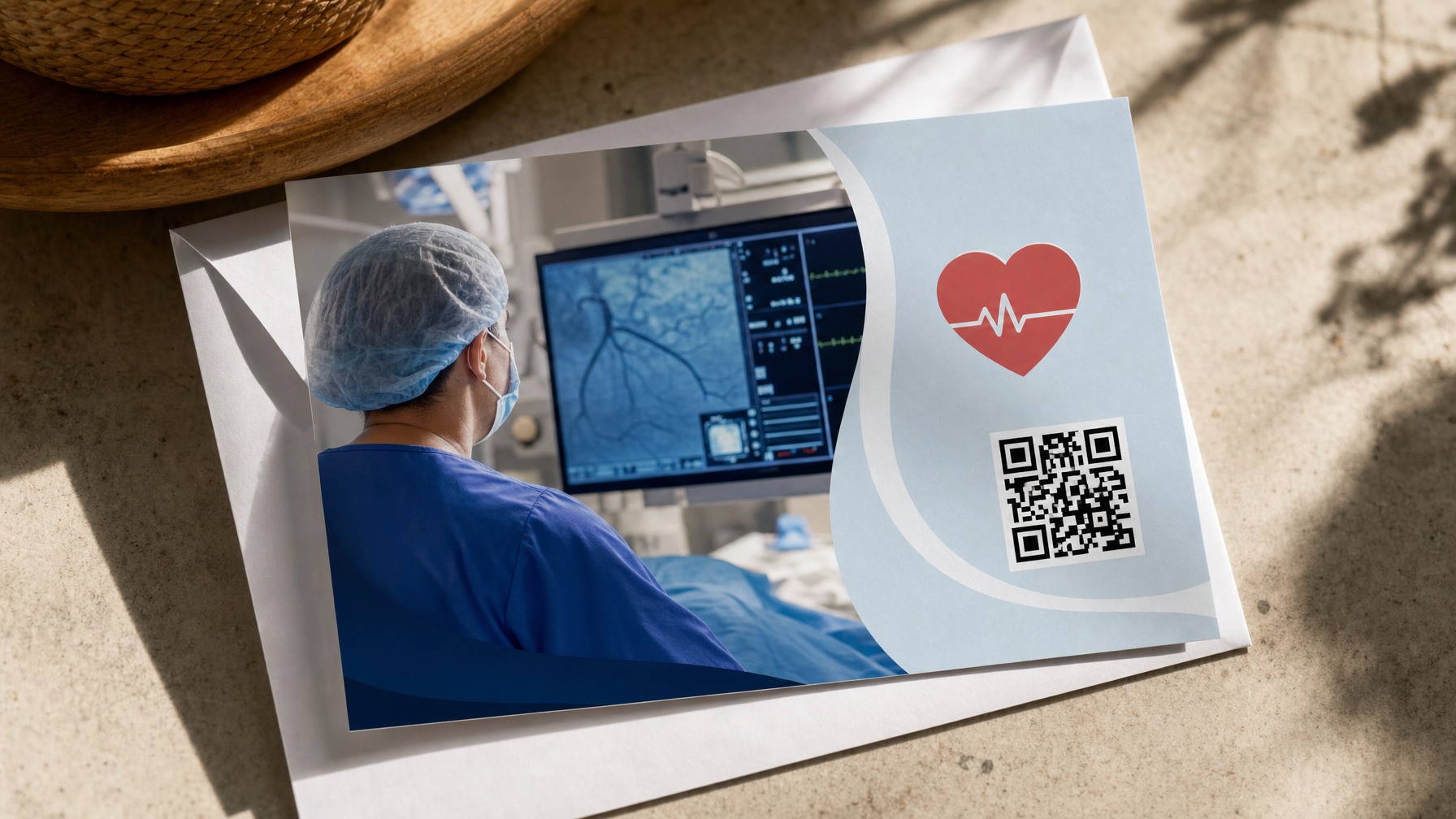 A printed flyer shows a masked medical worker in blue scrubs viewing a cardiac monitor in a procedure room, alongside a heart icon and QR code, on a sunlit tabletop.