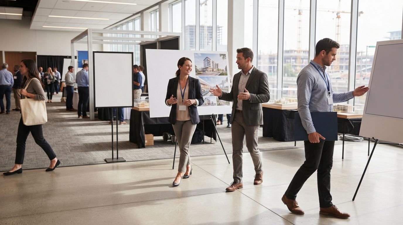 People in business attire walk and talk among display boards at a bright indoor exhibition, including boards with architectural renderings.