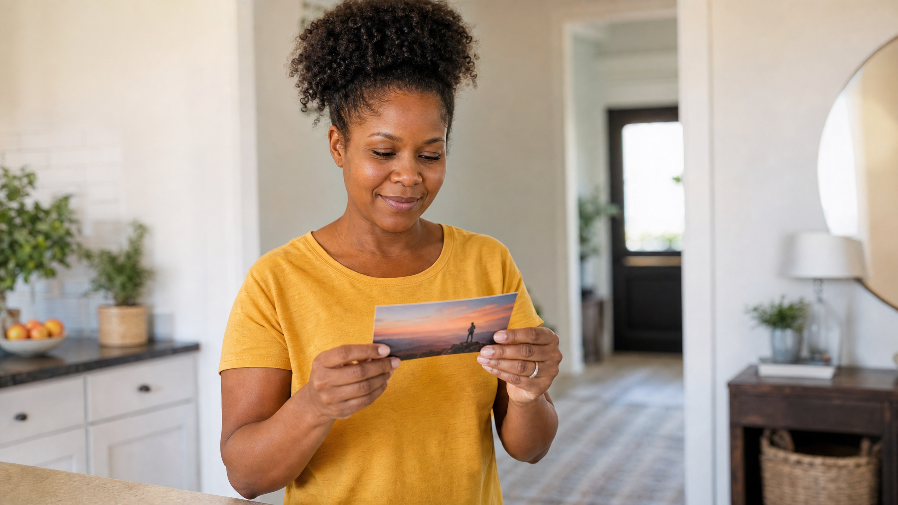 A person in a yellow shirt examines a postcard with a landscape photo in a bright home interior.
