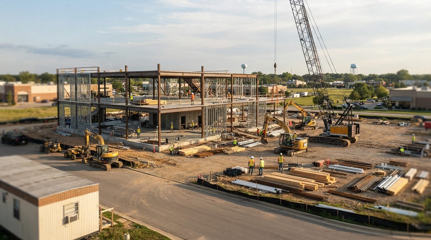 A steel-framed building rises at an active construction site, where workers, excavators, a crawler crane, and stacks of building materials fill the area.