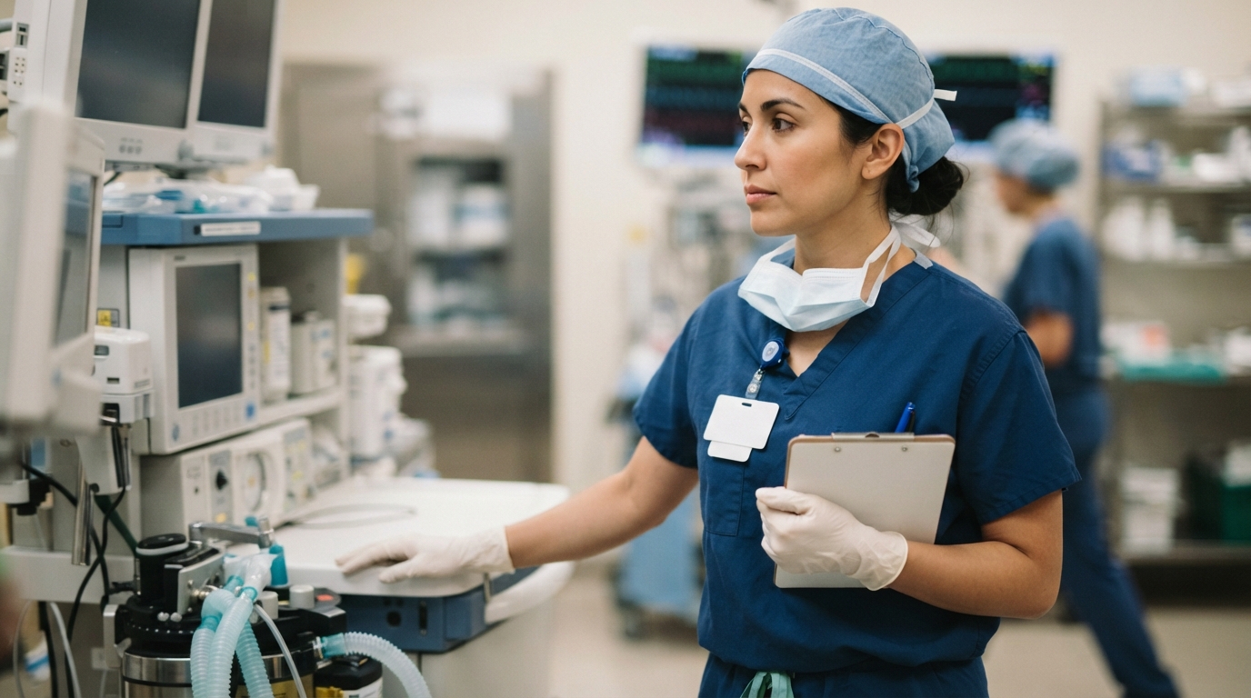 A healthcare worker in blue scrubs and a surgical cap holds a clipboard beside anesthesia and monitoring equipment in a hospital operating room; another scrubbed worker is visible in the background.