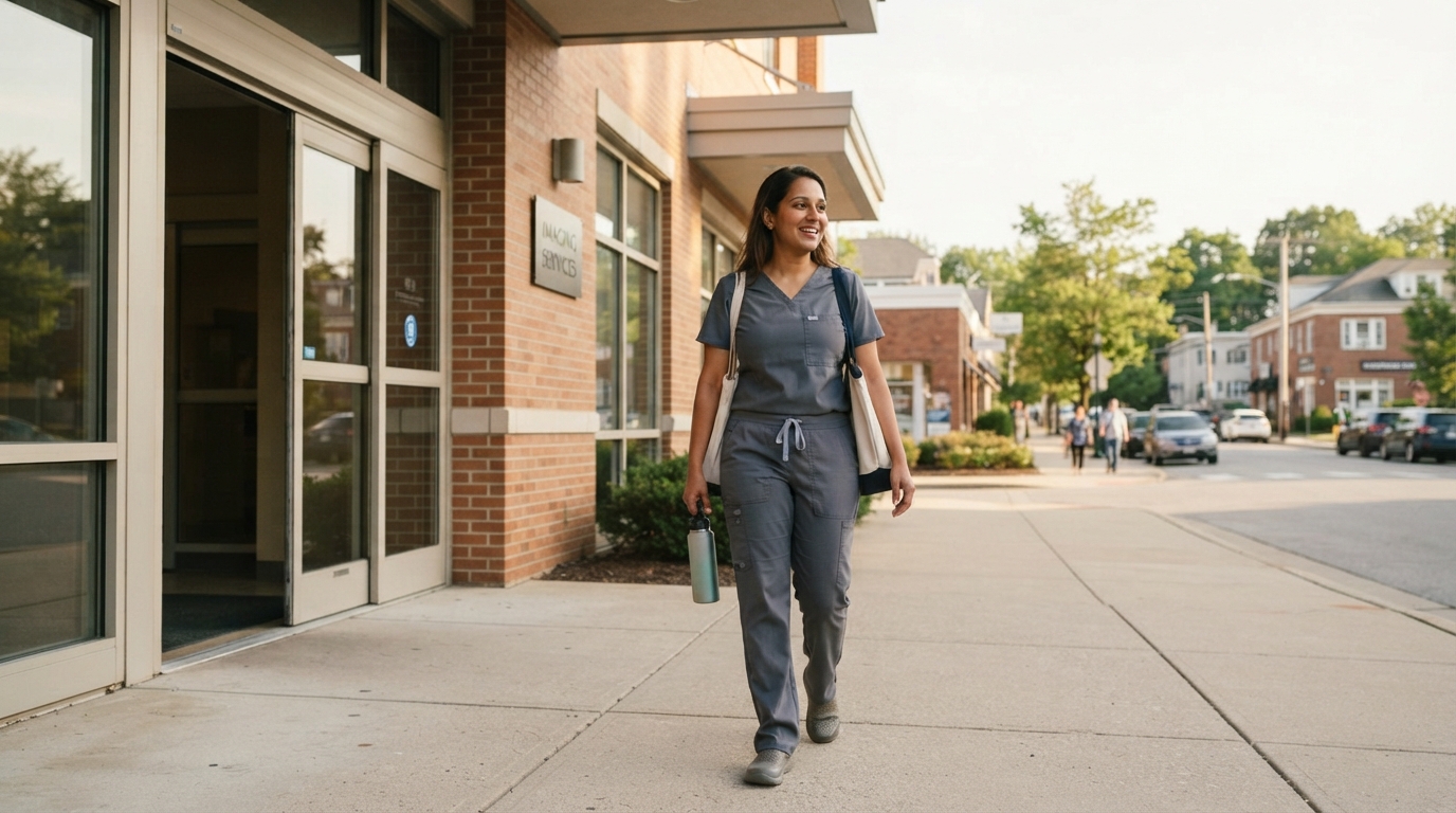A person in gray scrubs walks out of a medical-services building carrying a water bottle, with a sidewalk and street behind them.