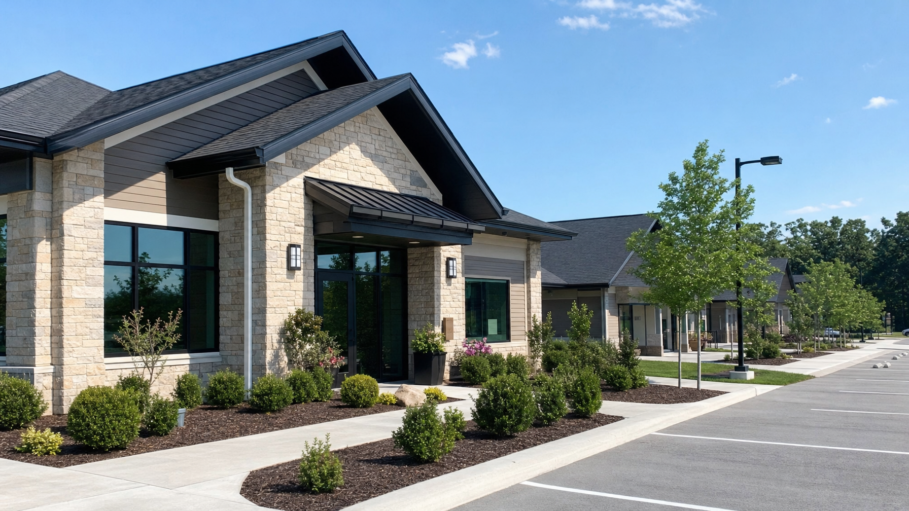 A landscaped office complex with connected buildings, covered entrances, trees, shrubs, sidewalks, and an empty parking lot under a clear blue sky.