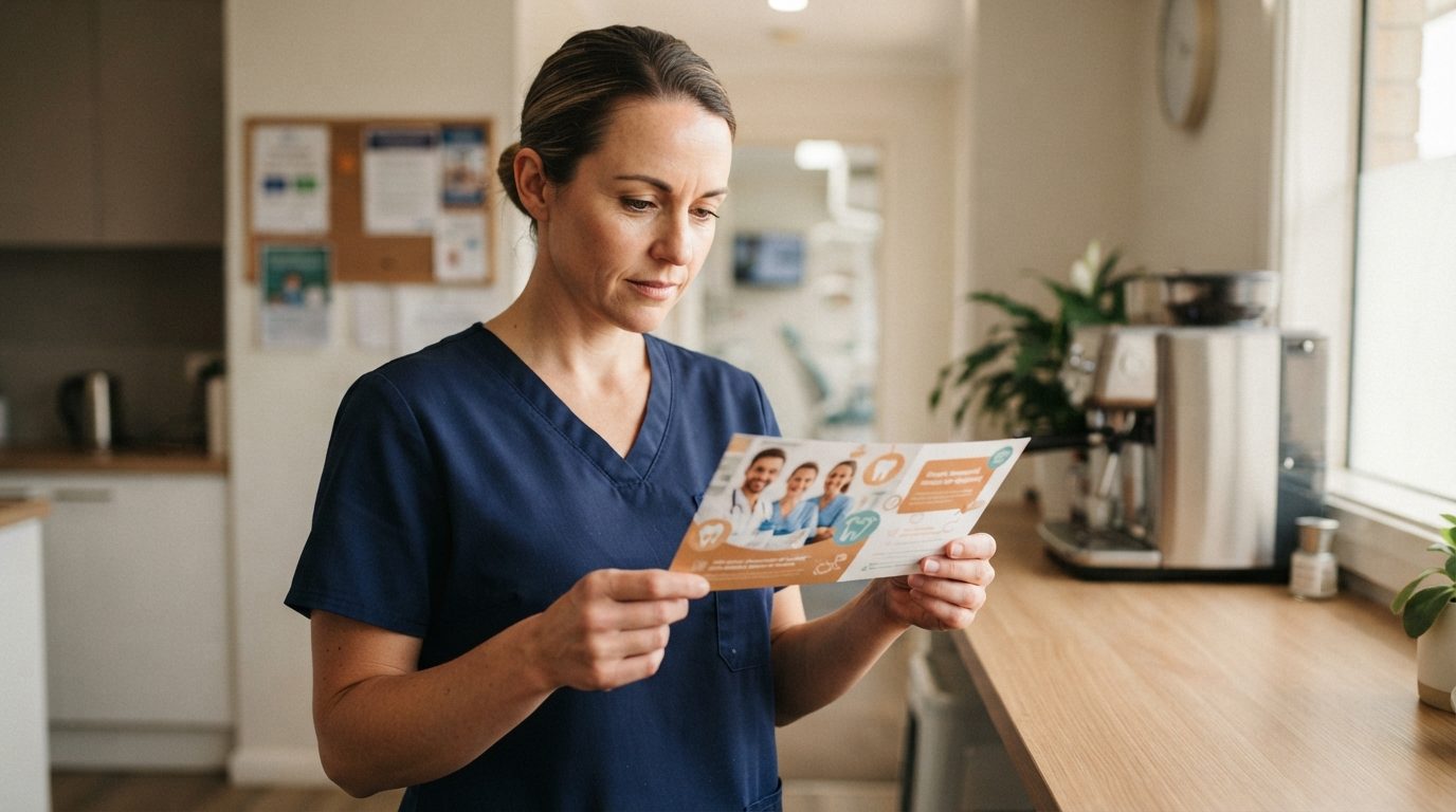 A person in navy scrubs reads a colorful printed brochure while standing at a counter in a bright office.