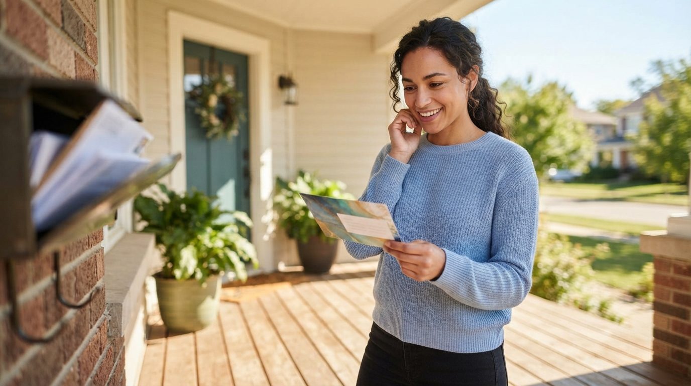 A woman smiles while holding a postcard beside a residential mailbox on a sunny front porch.