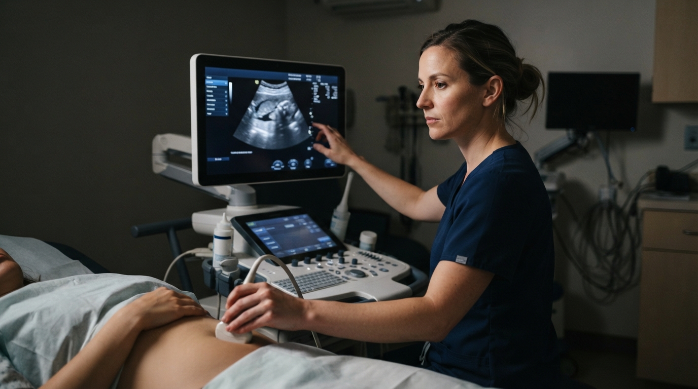 A clinician in navy scrubs performs an ultrasound examination on a patient’s abdomen in a dim examination room, with an ultrasound monitor displaying a scan.