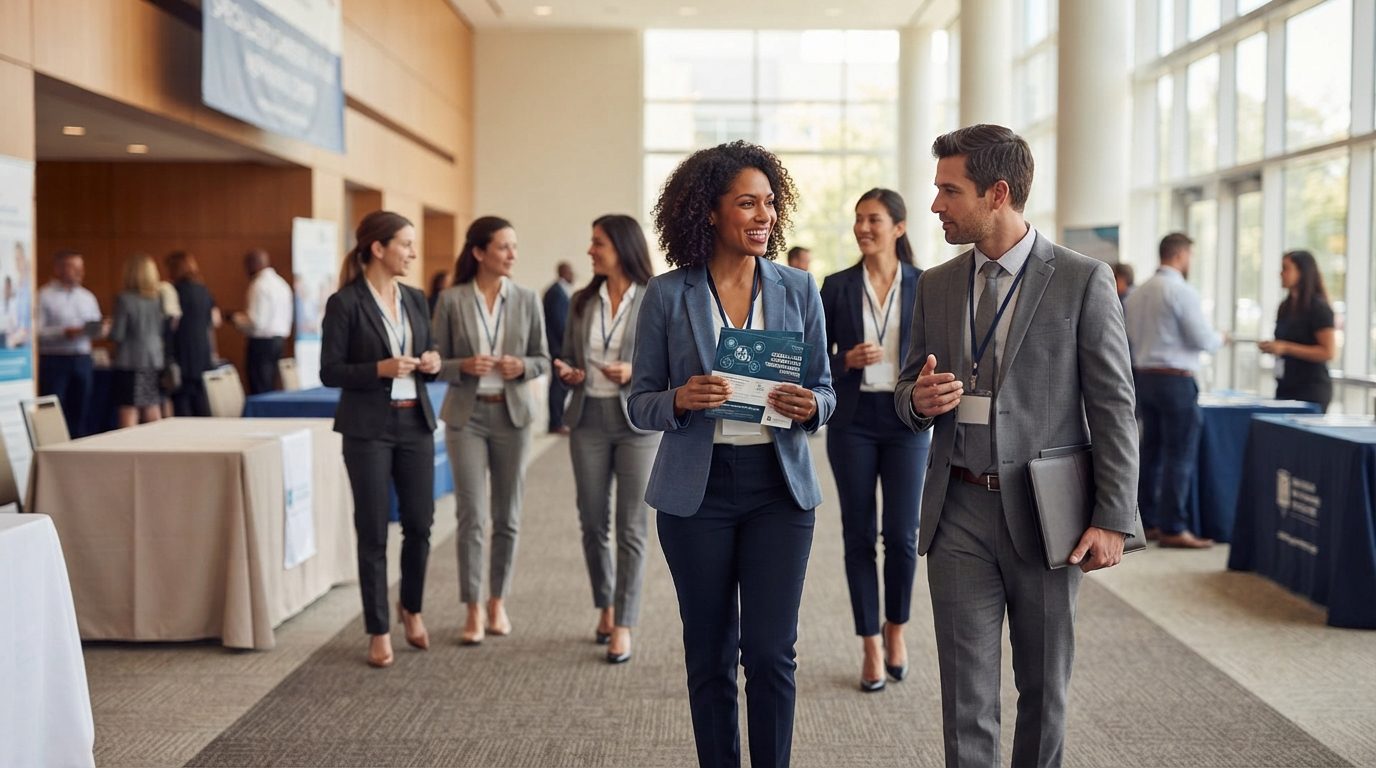 Business professionals converse and walk through a bright conference or networking hall with display tables around them.