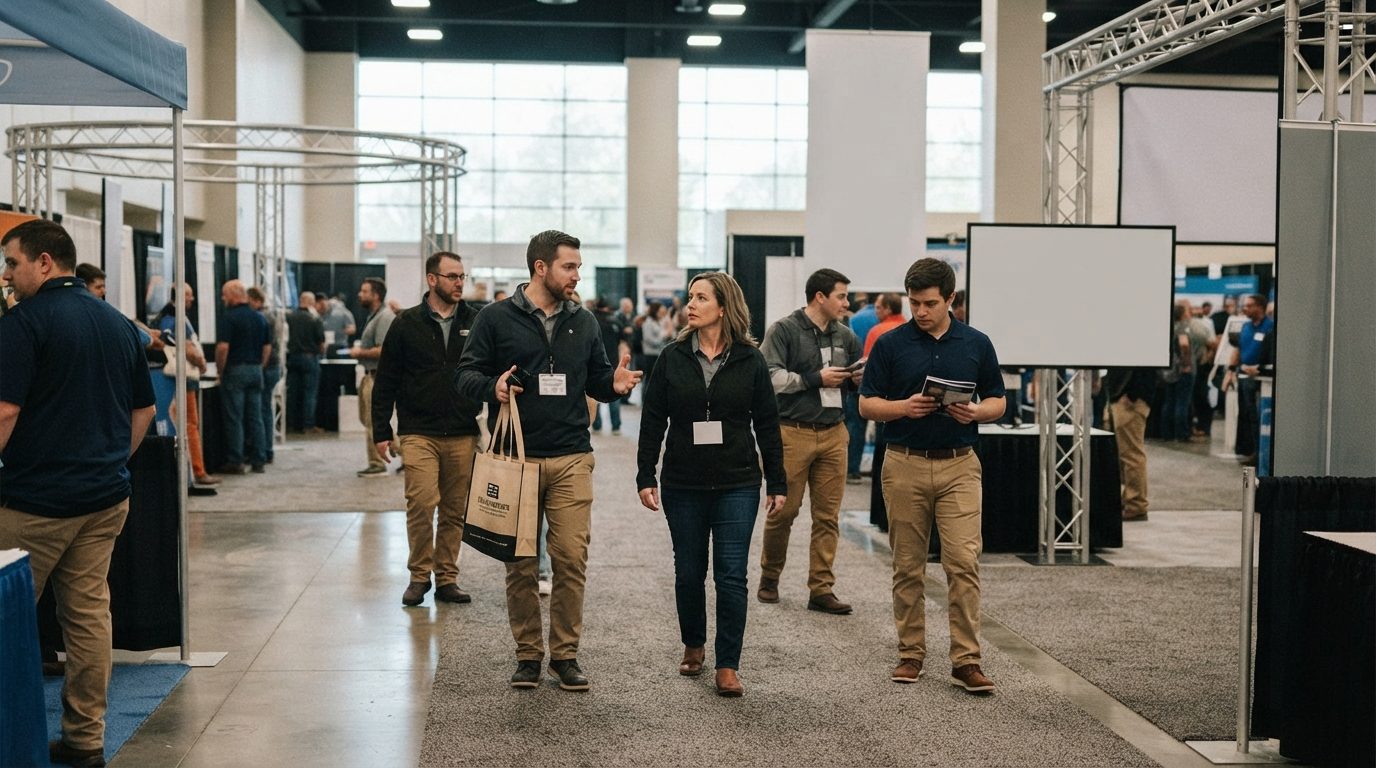 People wearing lanyards walk through a busy trade show hall with booths, truss structures, and a blank presentation screen.