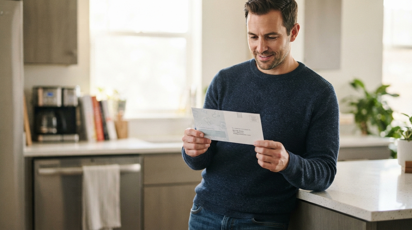 A man reads a mailed envelope while leaning against a kitchen countertop.