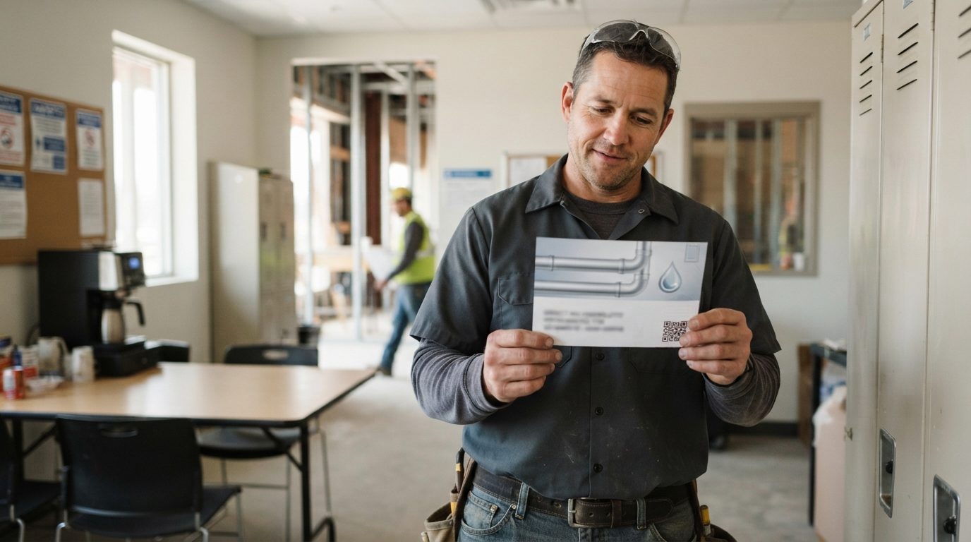 A worker in dark work clothes holds a printed card with a pipe-and-droplet graphic in a workplace, while another worker stands in the background.
