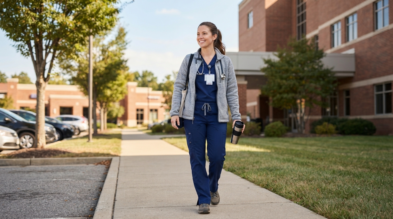 A nurse in blue scrubs, a gray jacket, and a stethoscope walks along a sidewalk outside a brick healthcare building while carrying a travel mug.